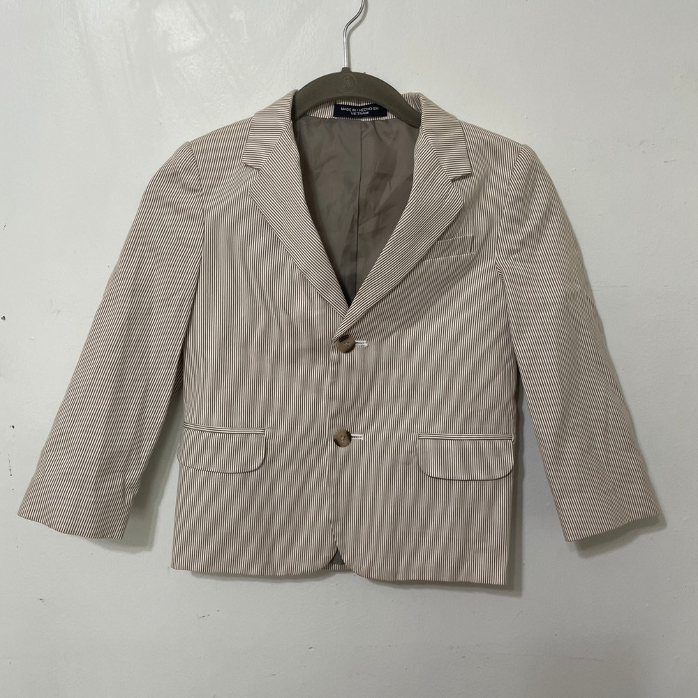 Nautica Boys Tan White Seersucker Stripe Blazer Jacket Wedding Suit Coat 6 READ
